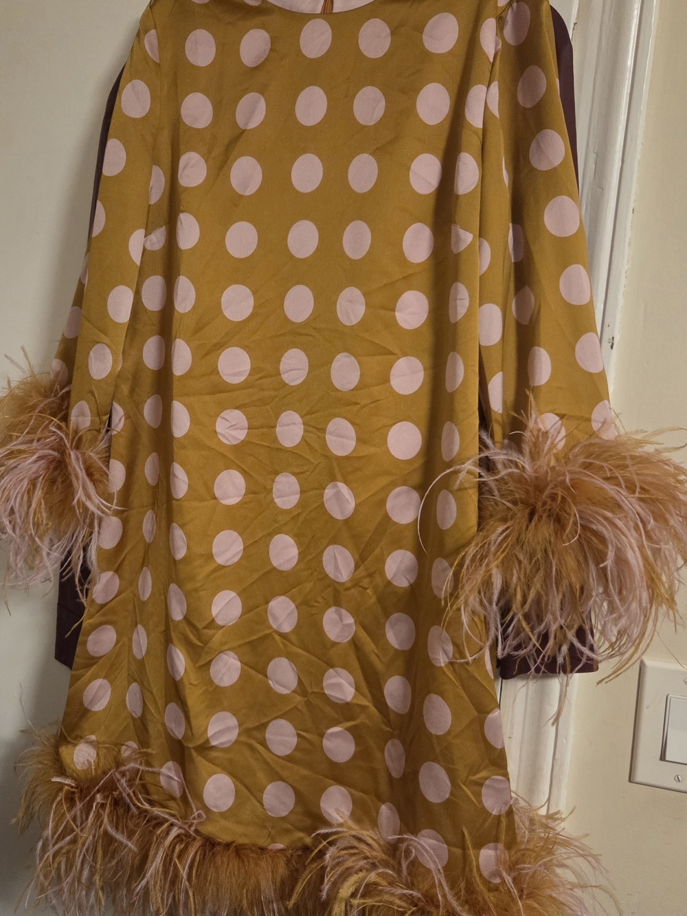 Antonio Melani Satin Polka Dot Feather Trim Mustard & Pink Shift Dress
